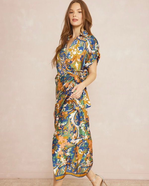 Gold & Blue Floral Paisley Wrap Short Sleeve Midi Dress