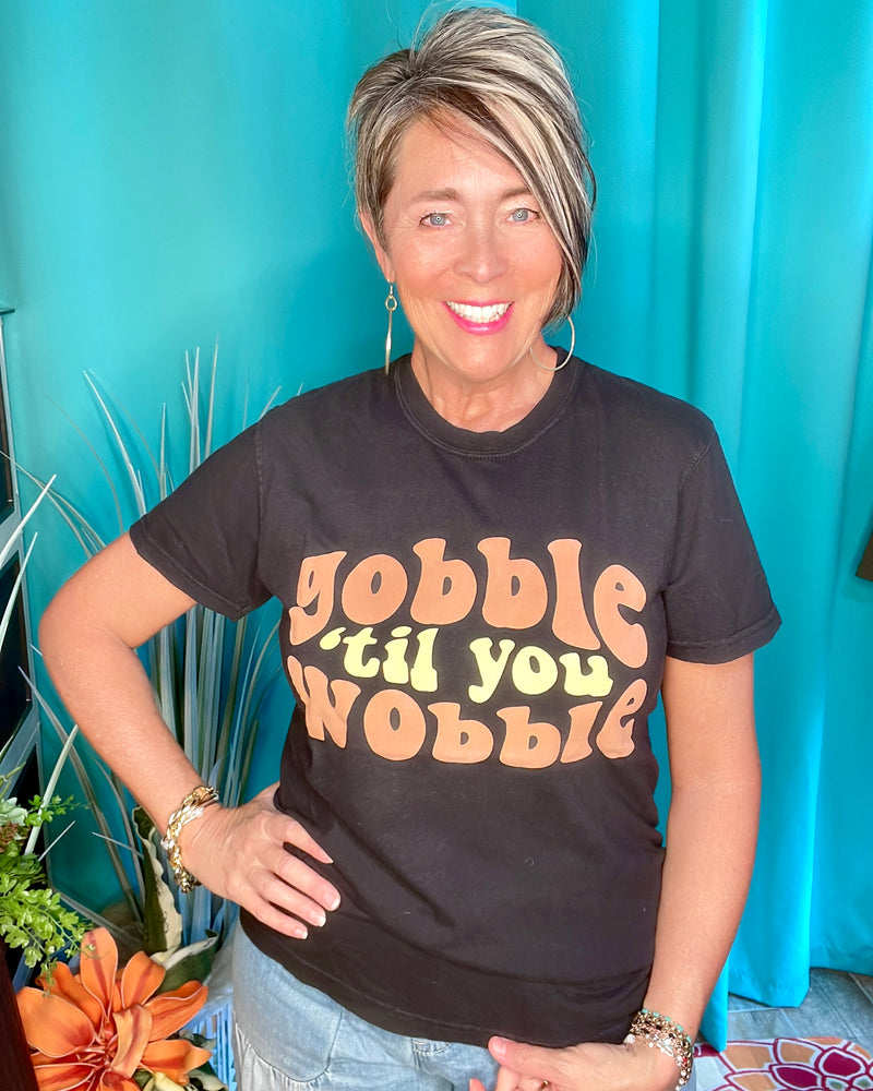 Black Thanksgiving Holiday Fall "Gobble Til You Wobble" T-Shirt Top