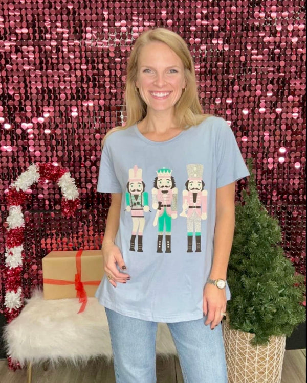 Blue Sparkle Glitter Christmas Nutcracker Holiday Short Sleeve Tshirt