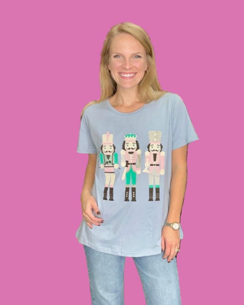 Blue Sparkle Glitter Christmas Nutcracker Holiday Short Sleeve Tshirt