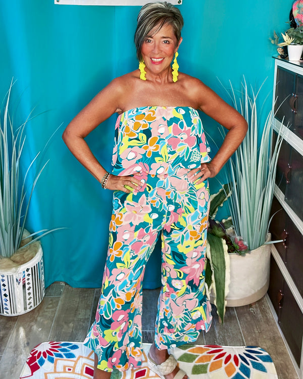 Tropical Multicolor Green, PInk, Yellow & Blue Bandeau Strapless Ruffle Hem Jumpsuit