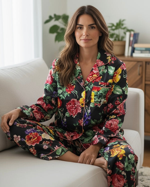 Black Floral Print 2 Pc Pant Satin Lined Pajama Lounge Set