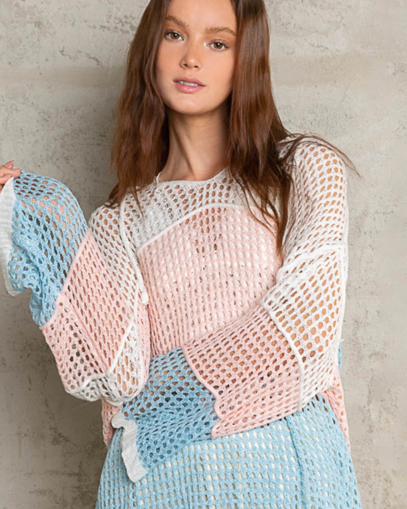 Pink & Blue Striped Long Sleeve Light Hollowed Knit Sweater Hoodie Top