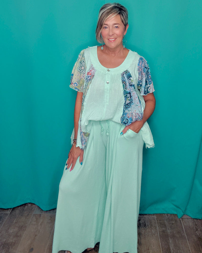 Solid Mint Turquoise Blue Wide Flare Drawstring Elastic Waist Pocket Lounge Pant