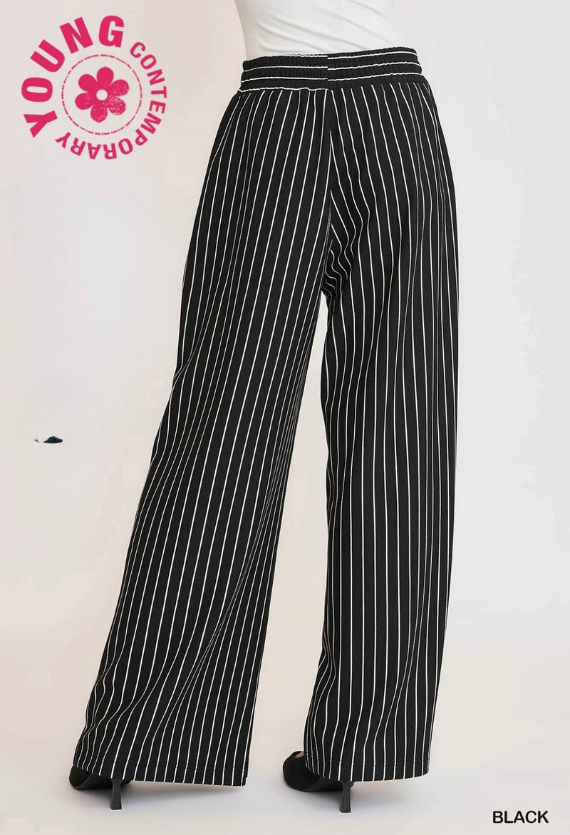 Brown, Gray or Black Stripe Pull On Elastic Waist Wide Straight Leg Pant