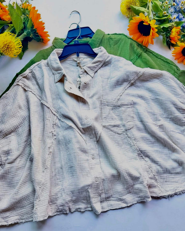 Green or Cream Button Front Loose Fit Dolman Cuff Sleeve Collared Cotton Gauze Top