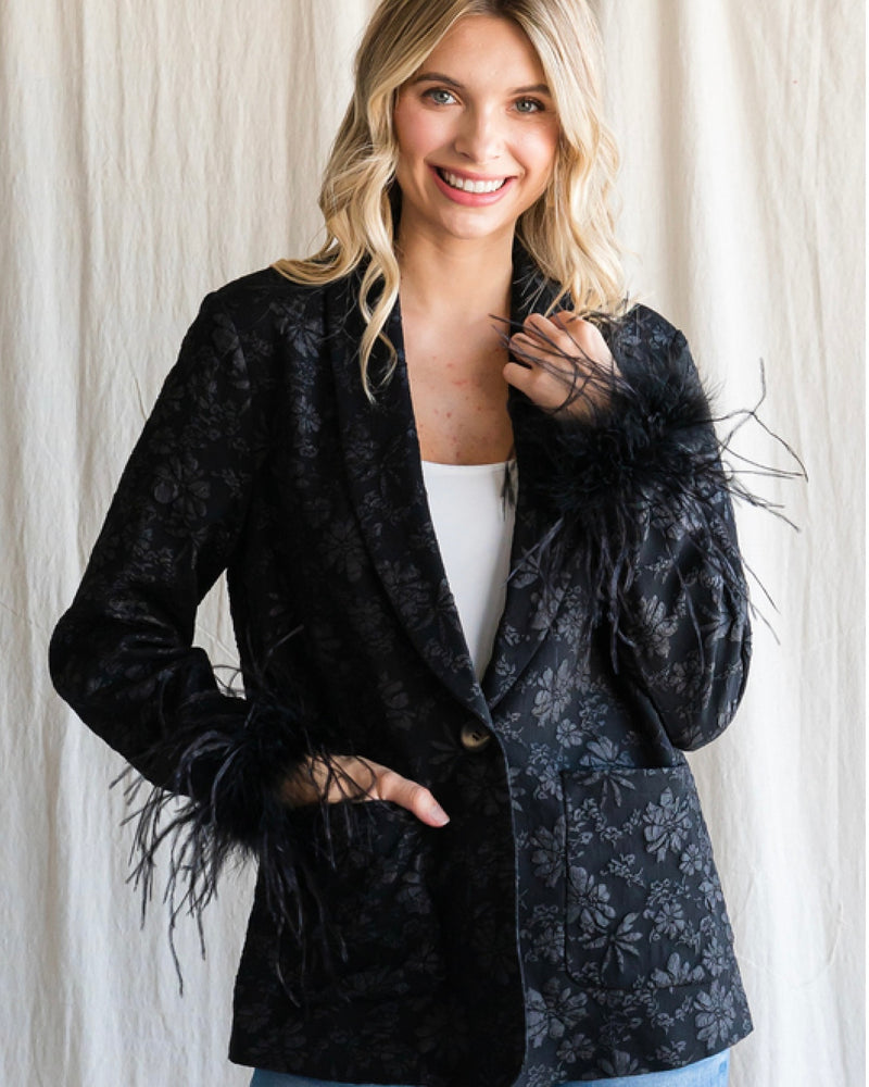 Black Textured Floral Embroidery Pattern Blazer Jacket Faux Fur Trim