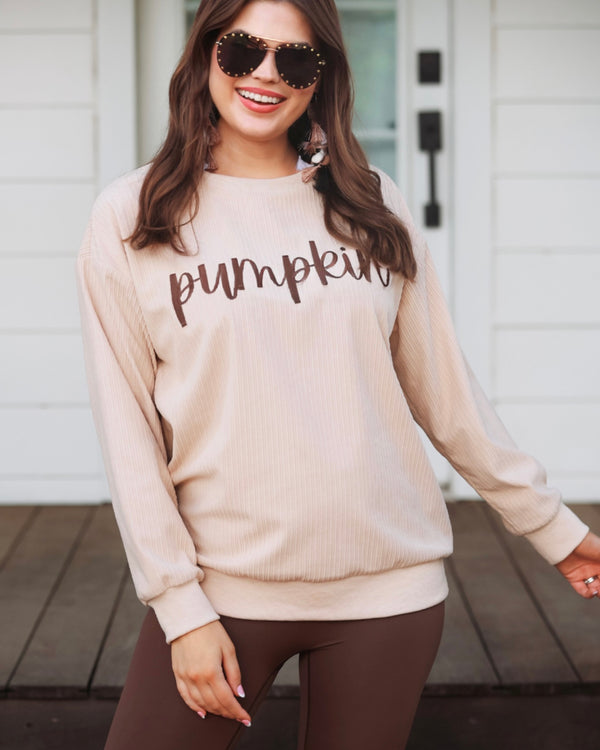 Cream Brown Stitch Embroidery “Pumpkin” Long Sleeve Pullover Top