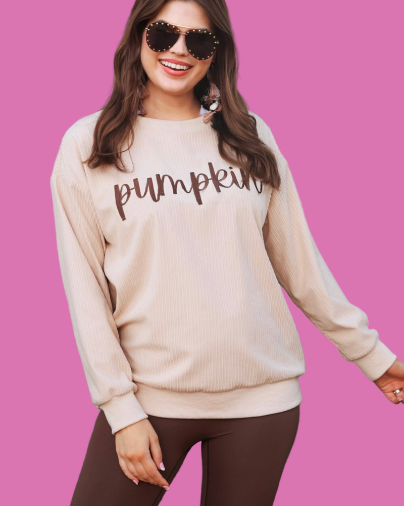 Cream Brown Stitch Embroidery “Pumpkin” Long Sleeve Pullover Top