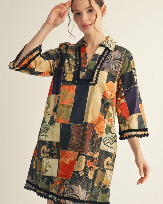 Hunter Green Multi Patch Print 3/4 Flare Sleeve Ric Rac Trim Dress