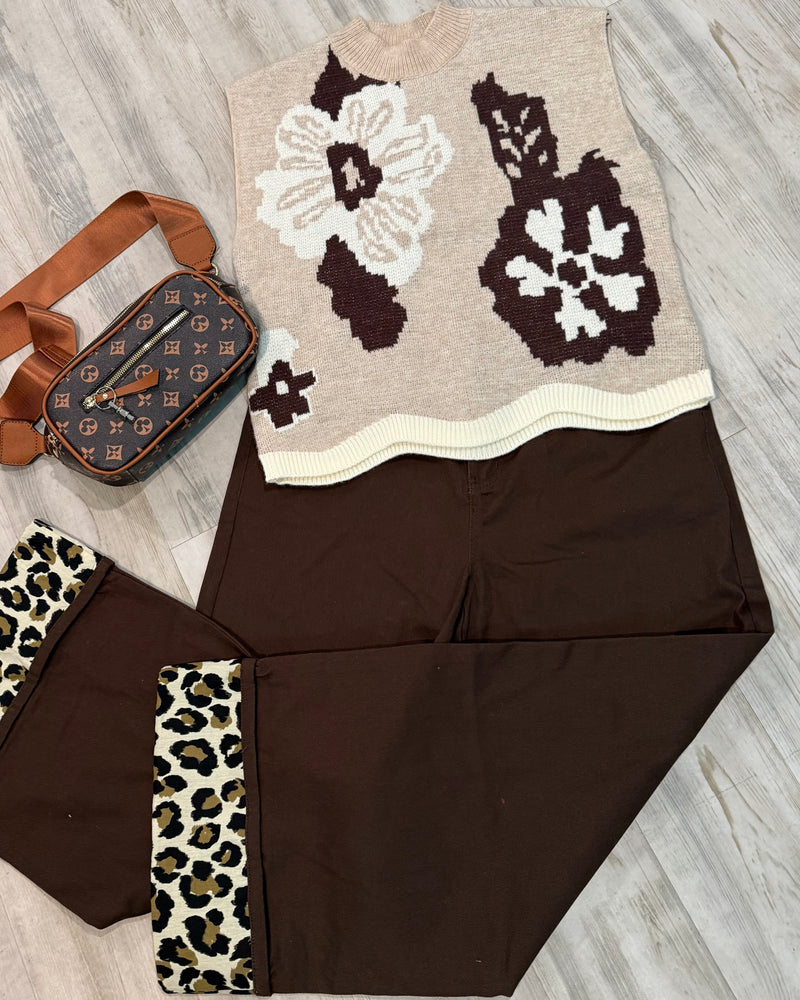 Brown or Khaki Leopard Cuff High Waist Button Fly Wide Leg Pants