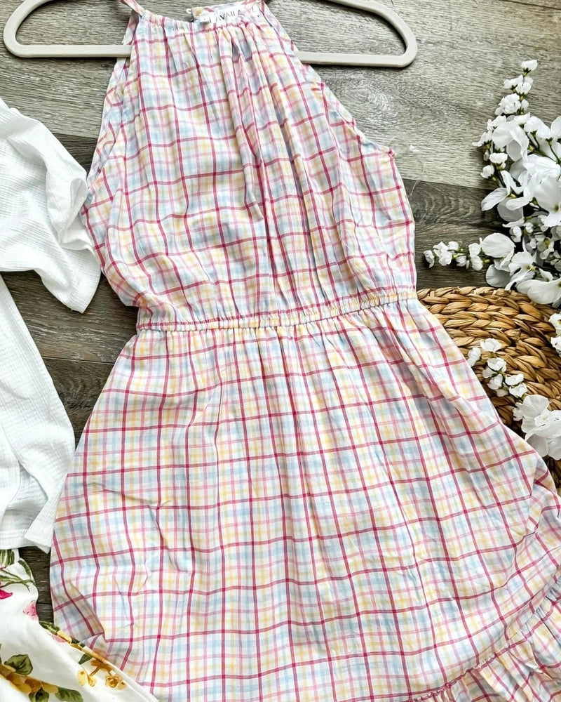 Pastel Plaid Halter Style Knee Length Sundress