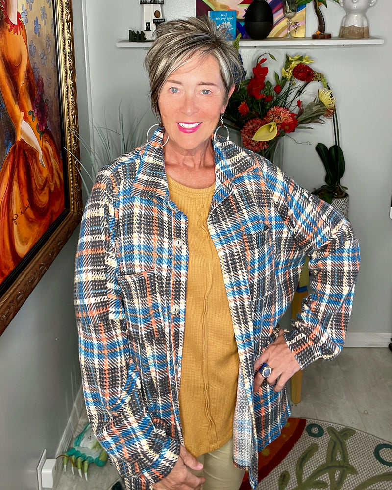 ***Red White & Blue Plaid or Blue & Cream Plaid Soft Fleece Plaid Button Down Shirket Pocket Top