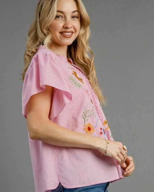 Pink White Stripe Embroidery Cut Open VNeck Short Sleeve Top