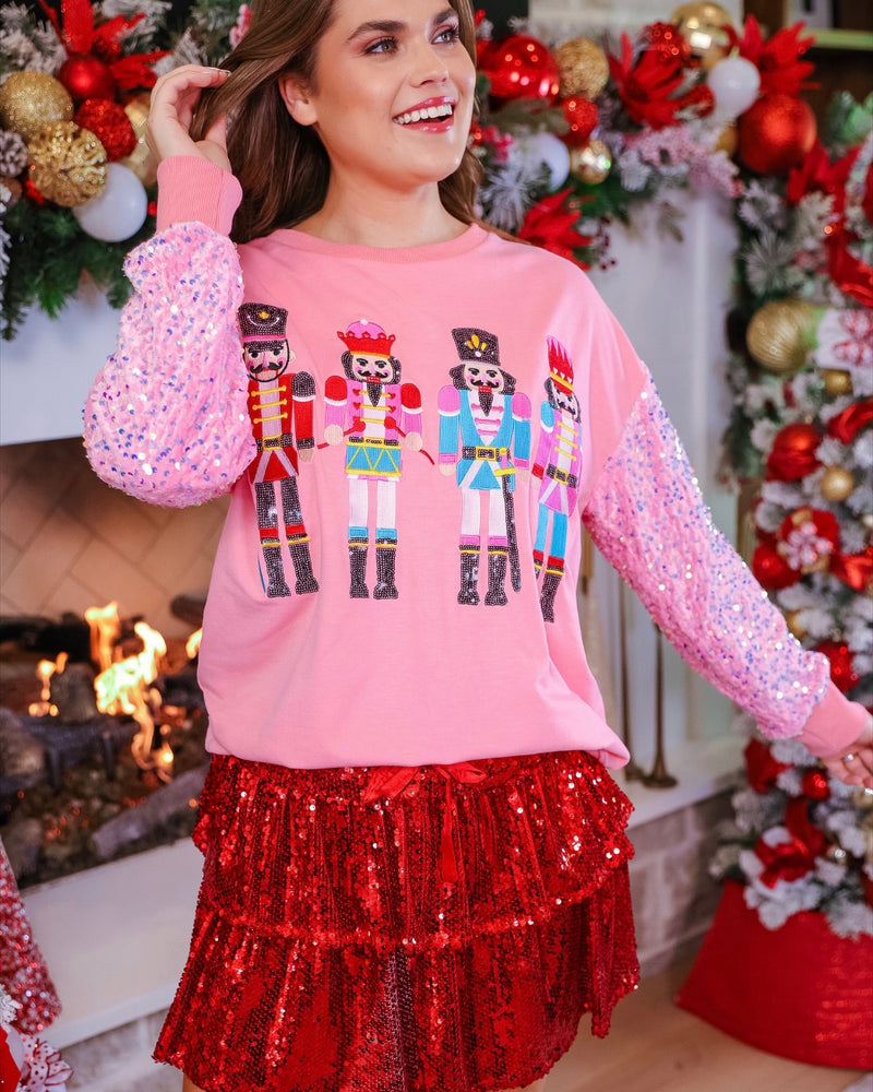Pink Sequin Nutcracker Season to Sparkle Long Sleeve Christmas Holiday Top