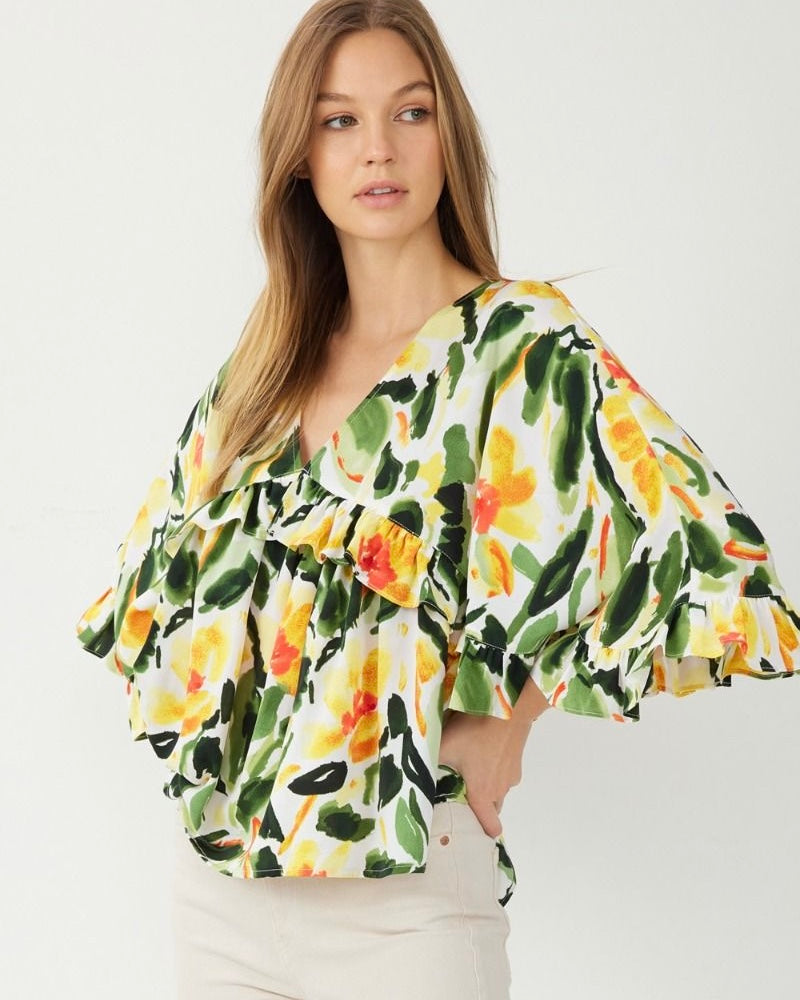 Mango, Green & White Tropical Floral Print Ruffle Front 3/4 Sleeve Top