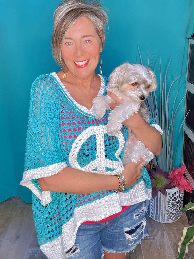 Turquoise & White Peace Short Sleeve Hollow Out Top