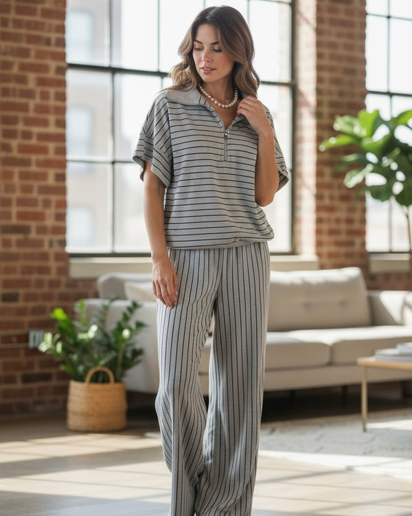 Brown, Gray or Black Stripe Pull On Elastic Waist Wide Straight Leg Pant