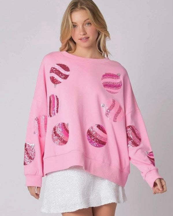 Solid Pink Sequin Ornament Ball Christmas Pullover Round Neck Long Sleeve Sweatshirt Top