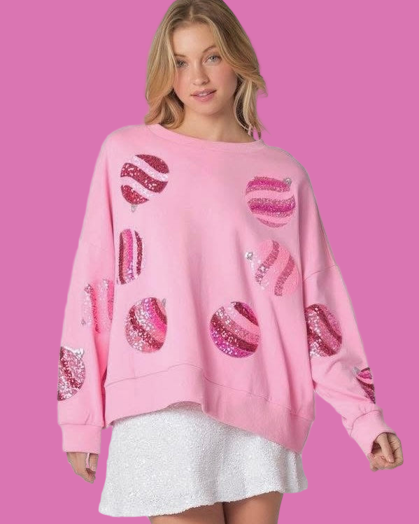Solid Pink Sequin Ornament Ball Christmas Pullover Round Neck Long Sleeve Sweatshirt Top
