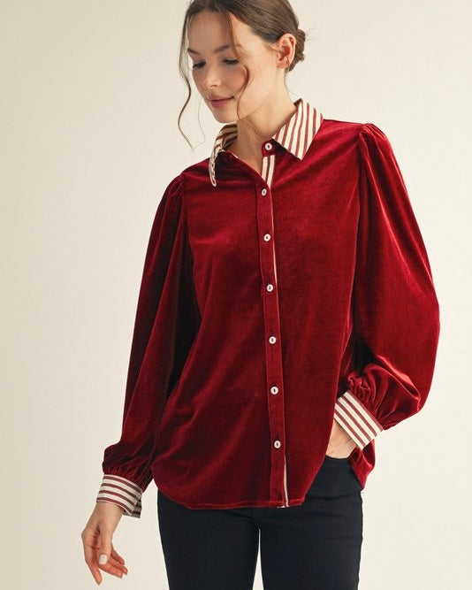 Garnet Red or Emerald Green Velvet Button Down Long Sleeve Contrast Stripe Top