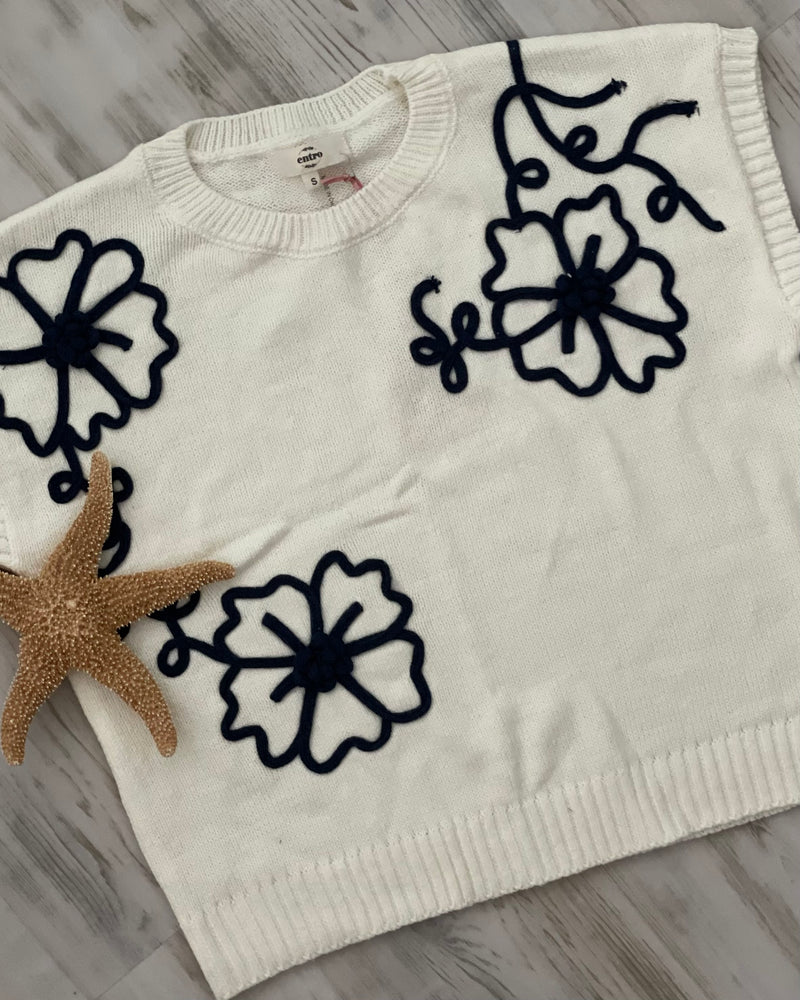 White Light Knit Sweater with Navy Embellished Abstract Flower
