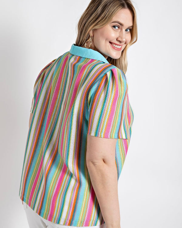 S-2X Blue Multicolor Striped Puff Sleeve Collared Button Down Top