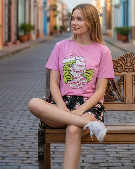 Pink Mean Man Mr. Gr*nch with Christmas Treat Short Sleeve Tshirt Top