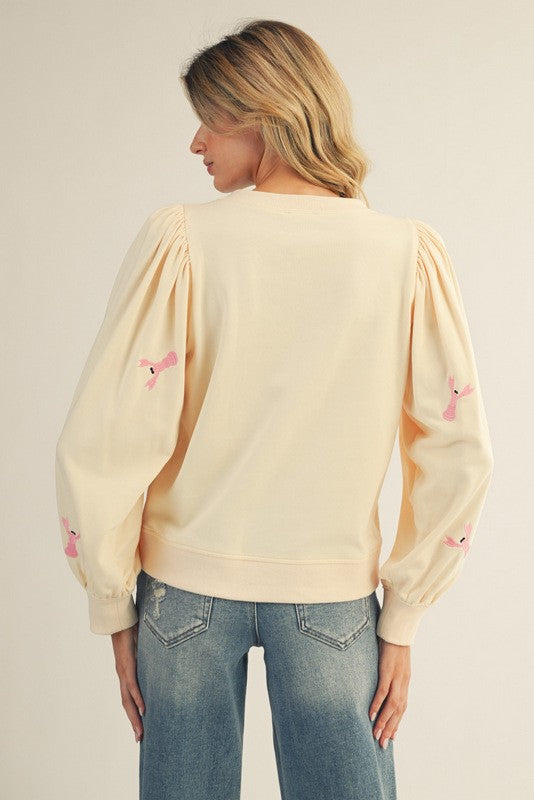 White or Red Lobster Embroidered Long Sleeve Sweatshirt Top