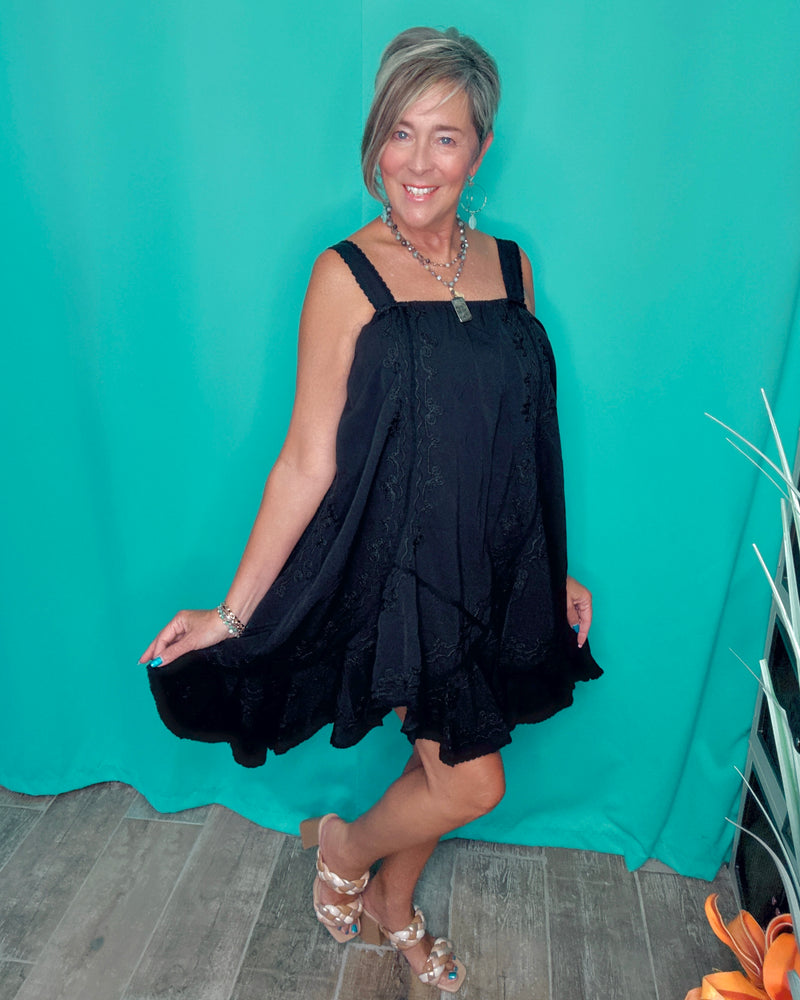 Solid Black Wide Strap Sleeveless Embroidery Sun Dress