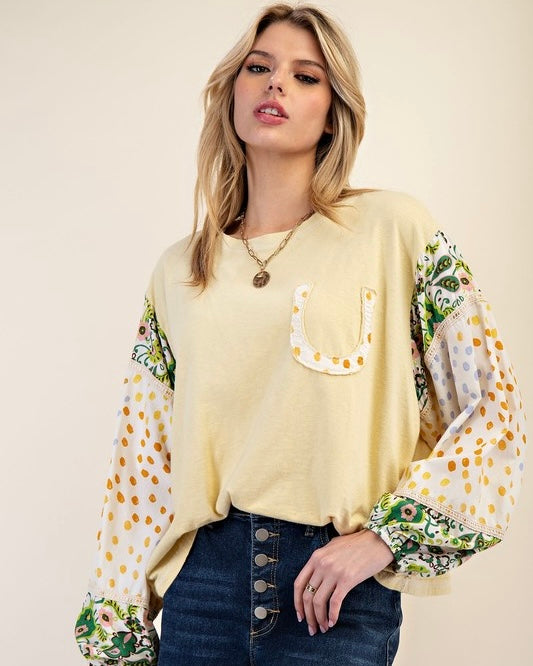 Plus Size Peach or Yellow Cotton Outside Stitch Jersey Top w/Mix Dot/Floral Print Puff Long Sleeve
