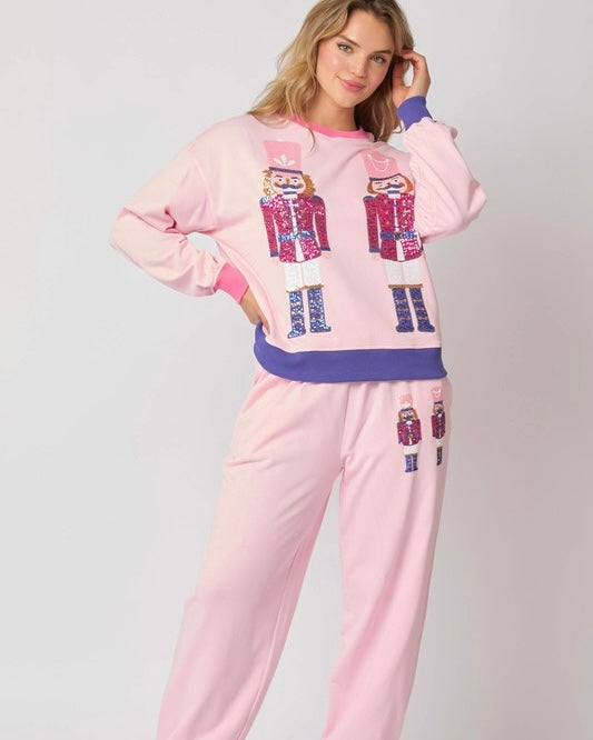 Pink 2 Pc Christmas French Terry Sequin Nutcracker Pullover Sweatshirt & Pant Set