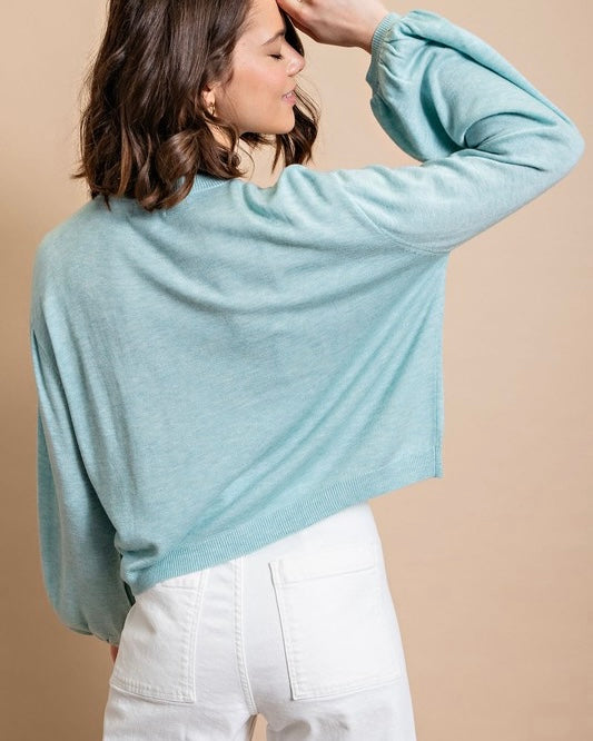 Solid Powder Blue Light Knit Long Sleeve Round Neck Sweater Top