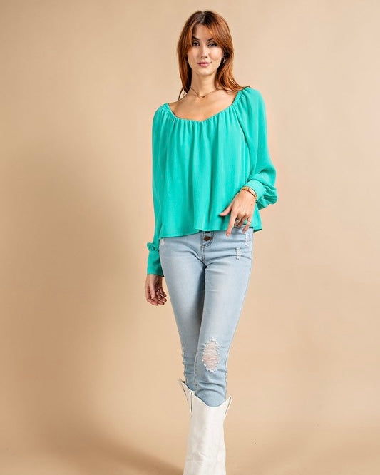 White or Pink Relaxed Fit Long Button Cuff Sleeve Elastic Neck Chiffon Blouse
