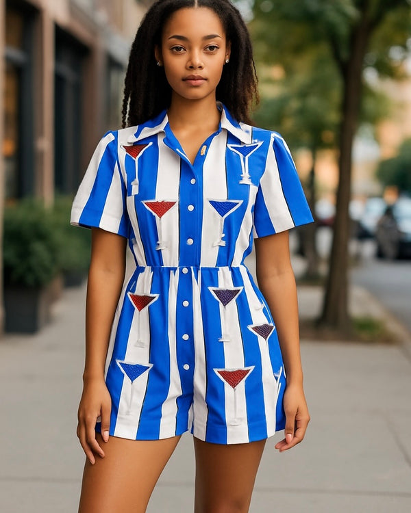 Blue & White Bold Stripe Sequin Martini Glass Short Sleeve Romper