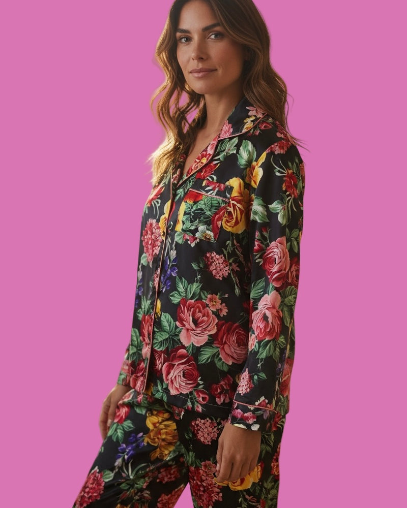 Black Floral Print 2 Pc Pant Satin Lined Pajama Lounge Set