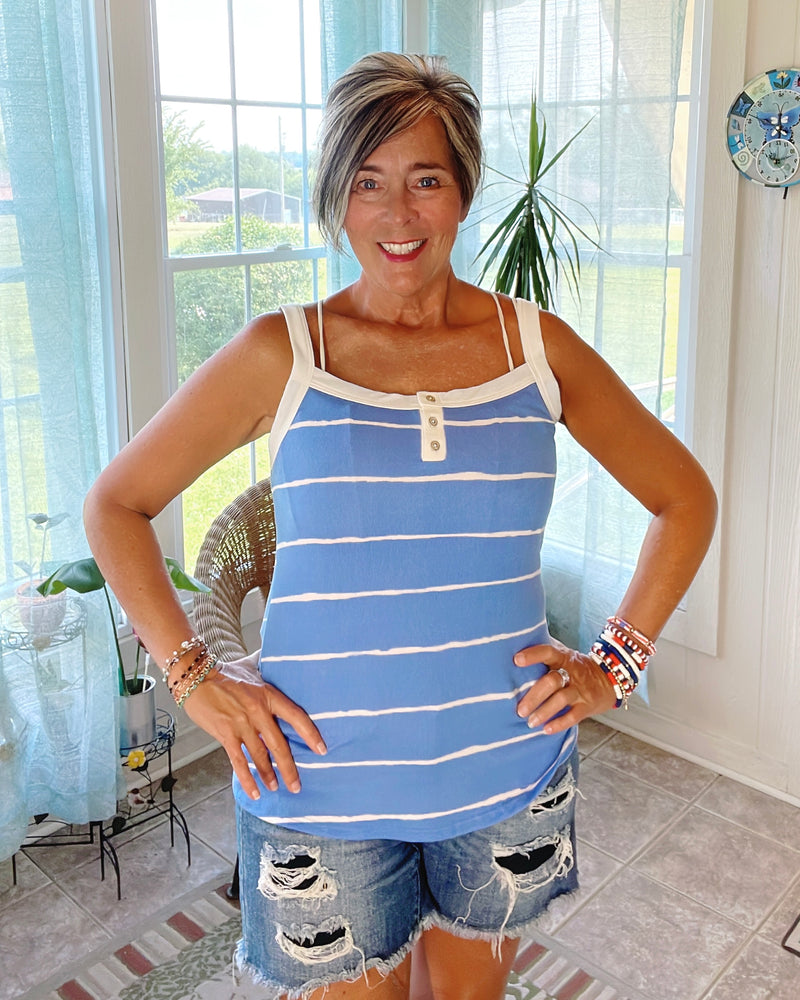 Blue & White Stripe Sleeveless Button  Neck Tank top