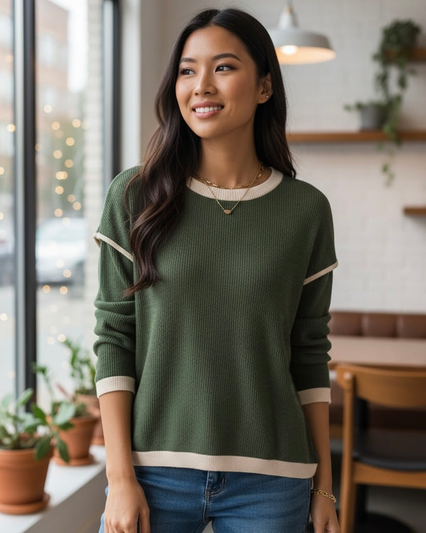 Dark Green Contrast Trim Long Sleeve Drop Shoulder Top