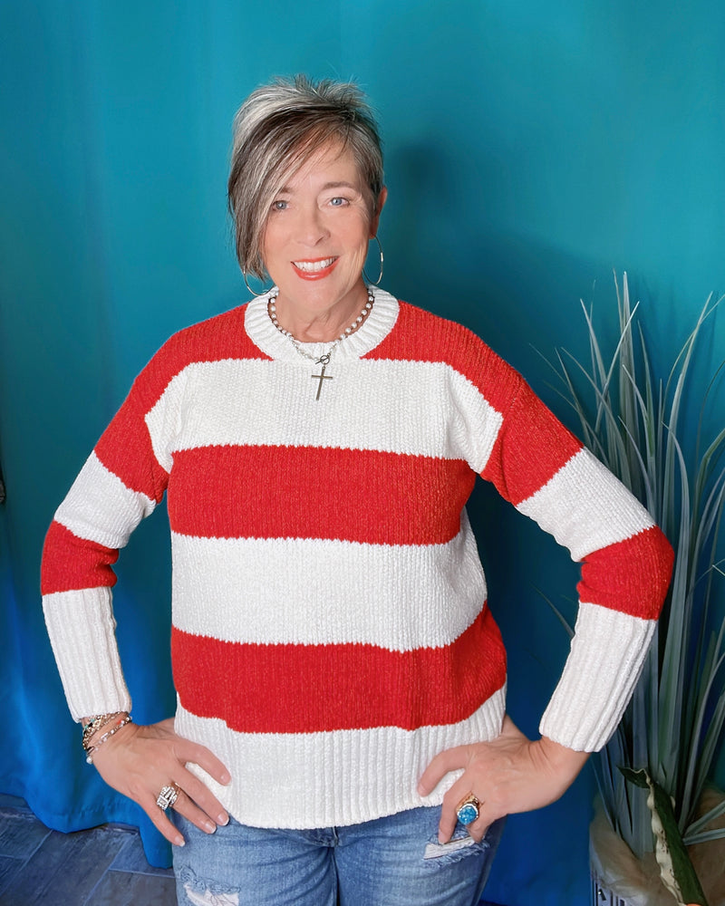 Bold Red & White Large Stripe Print Crew Neck Long Sleeve Sweater