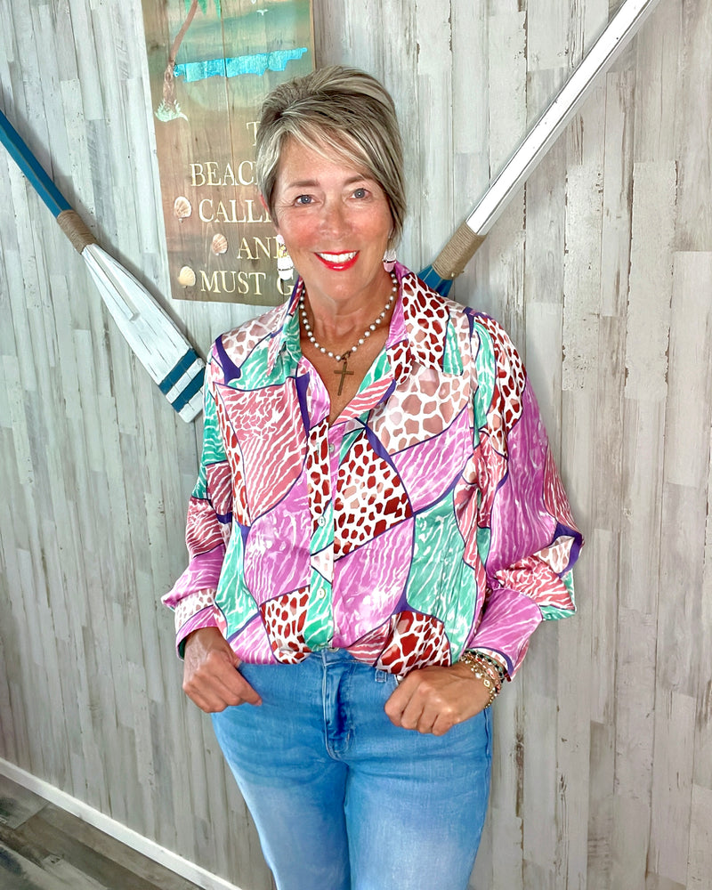 Pink & Turquoise Multi Mix Media Animal Leopard Block Print Satin Long Sleeve Blouse