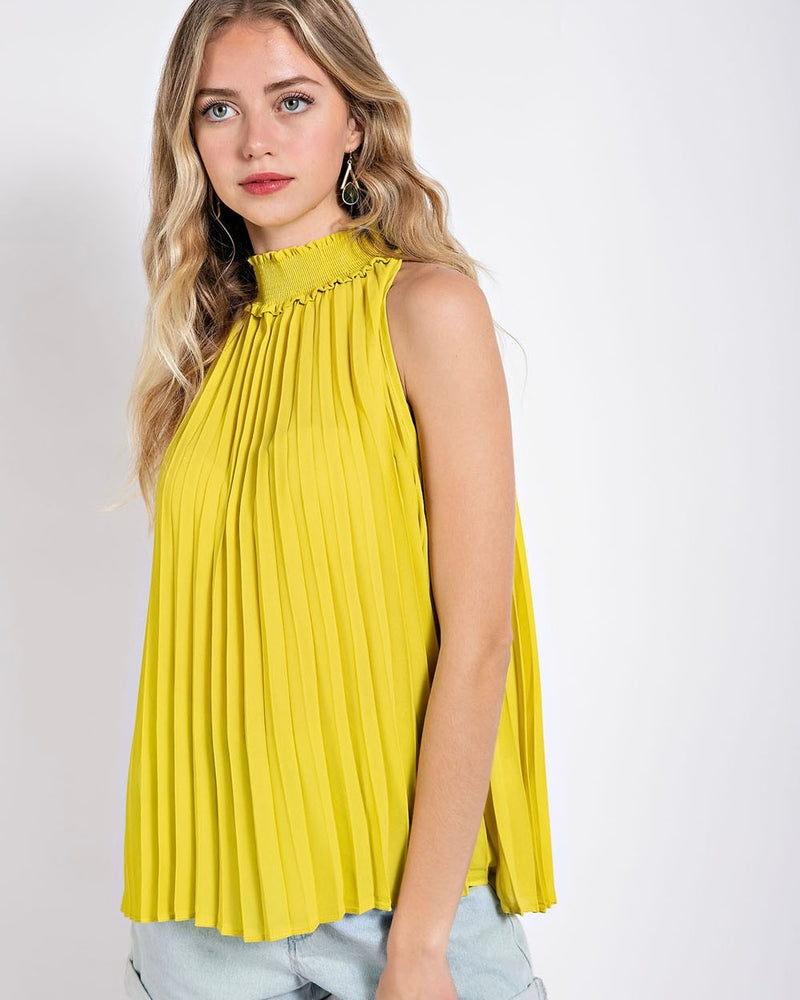 Bright Yellow Kiwi Pleated Halter Top with Back Keyhole
