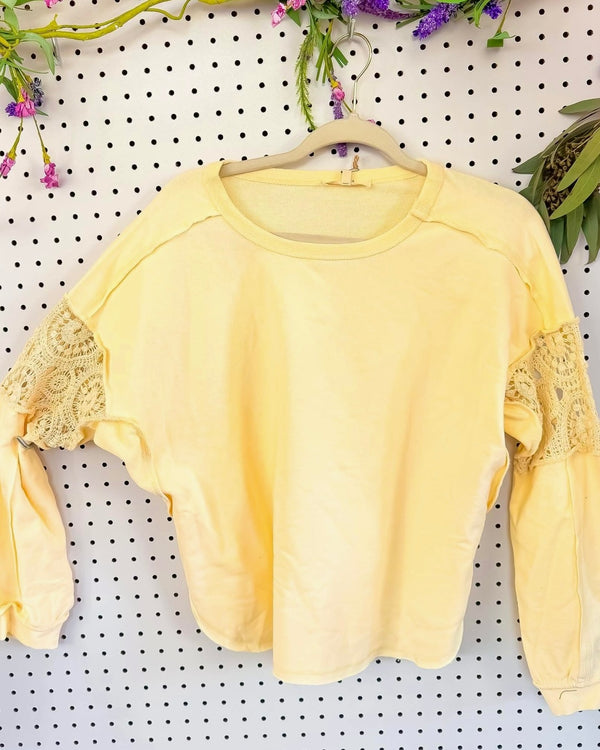 Butter Cream Round Neck Outside Stitch Long Sleeve Lace Inset Sweatshirt