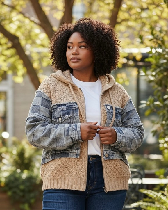Plus Size Beige Chunky Sweater & Wash Checkered Denim Frayed Edge Long Sleeve Zip Front Hoodie Jacket