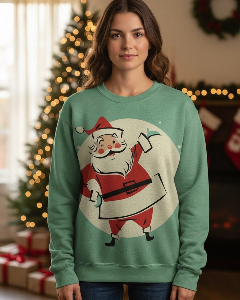 Vintage Green Santa Print Christmas Holiday Long Sleeve Pullover Top