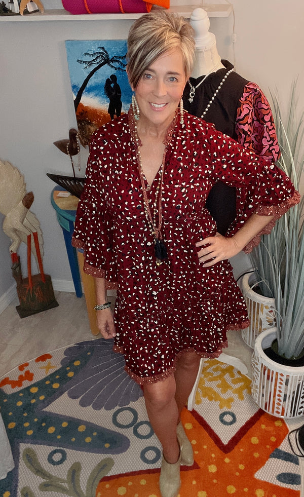 Burgandy Wine Bell Sleeve Petite Floral Front Tie Dress