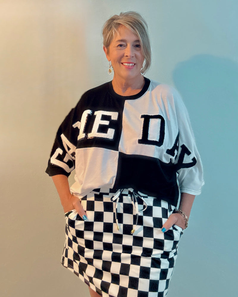 Huddle Up Color Block "Game Day” Chenille Patch 3/4 Sleeve Pullover Top