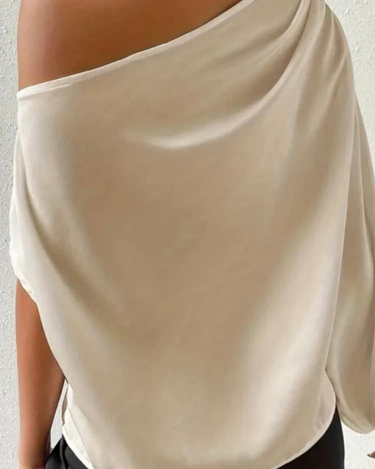 Champagne Cream Satin Feel Formal One Long Sleeve One Shoulder Blouse Top