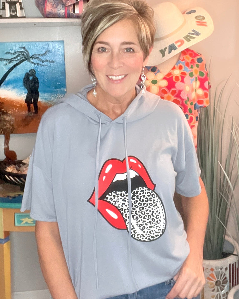 Light Grey Short Sleeve Sleeve Pullover Lips Hoodie Top