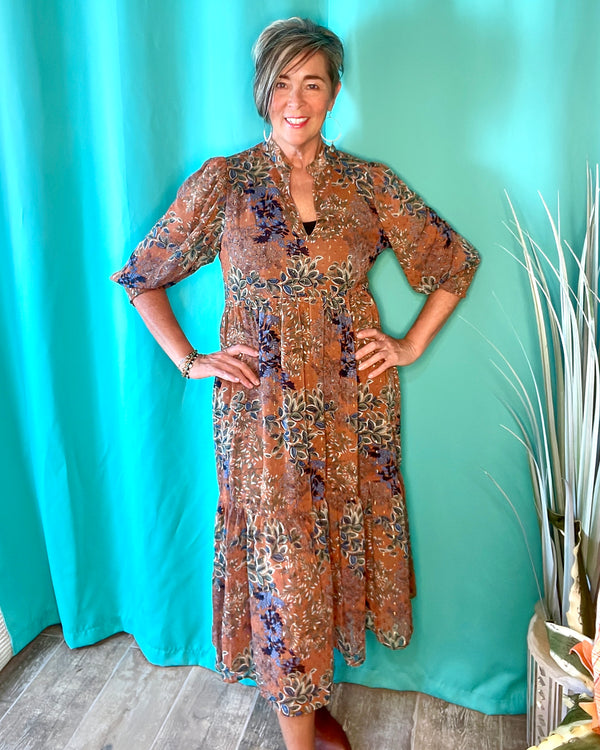 Brown w/Blue Floral Print Sheer Overlay 3/4 sleeve Open VNeck Dress