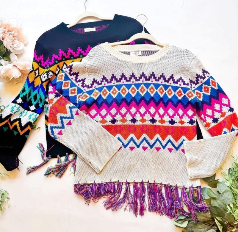 Black or White Multicolor Print Scoop Neck Boxy Drop Shoulder Fringe Sweater Top